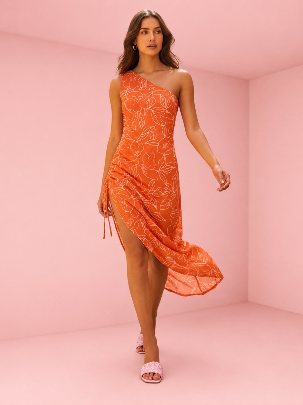 Women’s orange One-Shoulder Floral Midi Dress size small